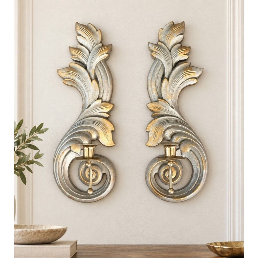 Home Interiors 5185 Acanthus Scroll Wall Sconces Pair Gold Silver Baroque VTG